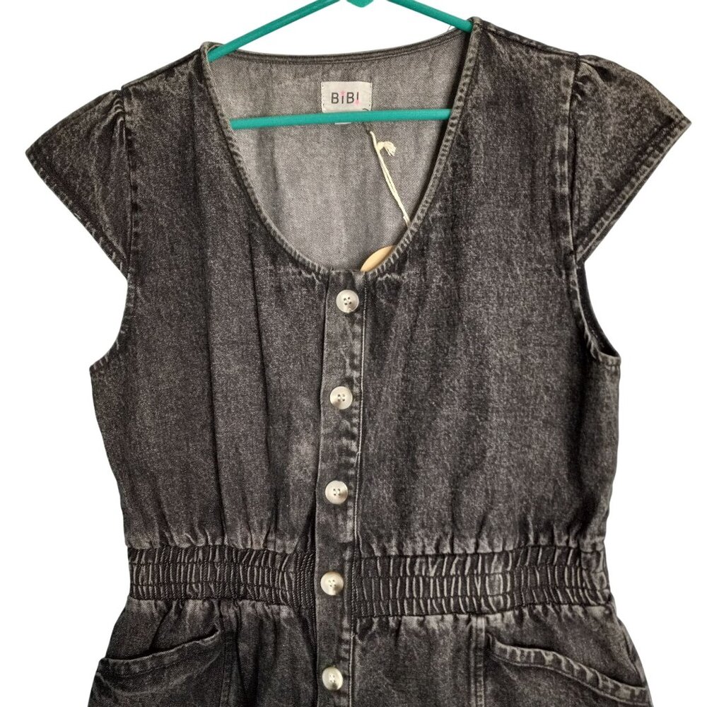 Bibi Size L Romper Black Denim Jean Button-Up Pockets Smocked Waist NEW - Picture 6 of 6